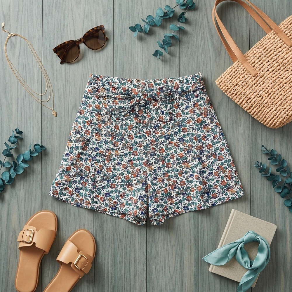 J.Crew Floral Paperbag Shorts Womens 0 High Rise Cotton Tie Belt Pleated Pockets